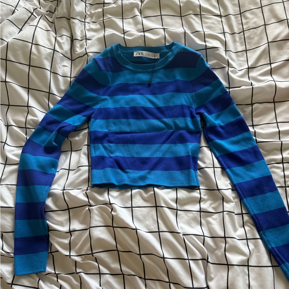 Zara Blue Striped Long Sleeve Crop Top